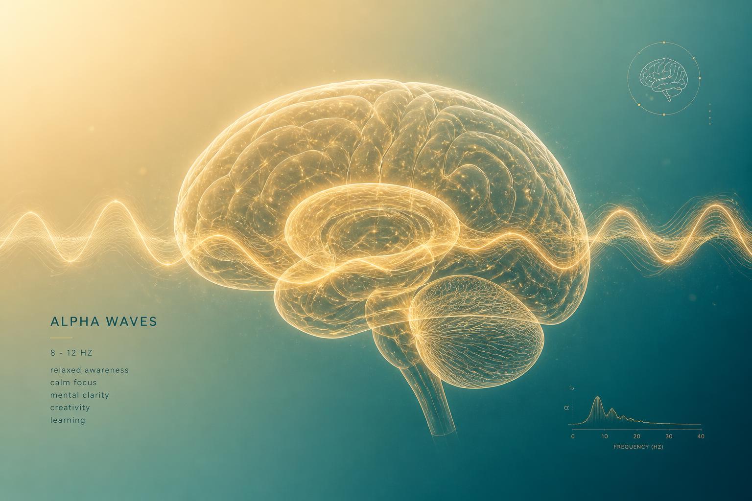 Illustration of a brain surrounded by gentle alpha wave patterns.