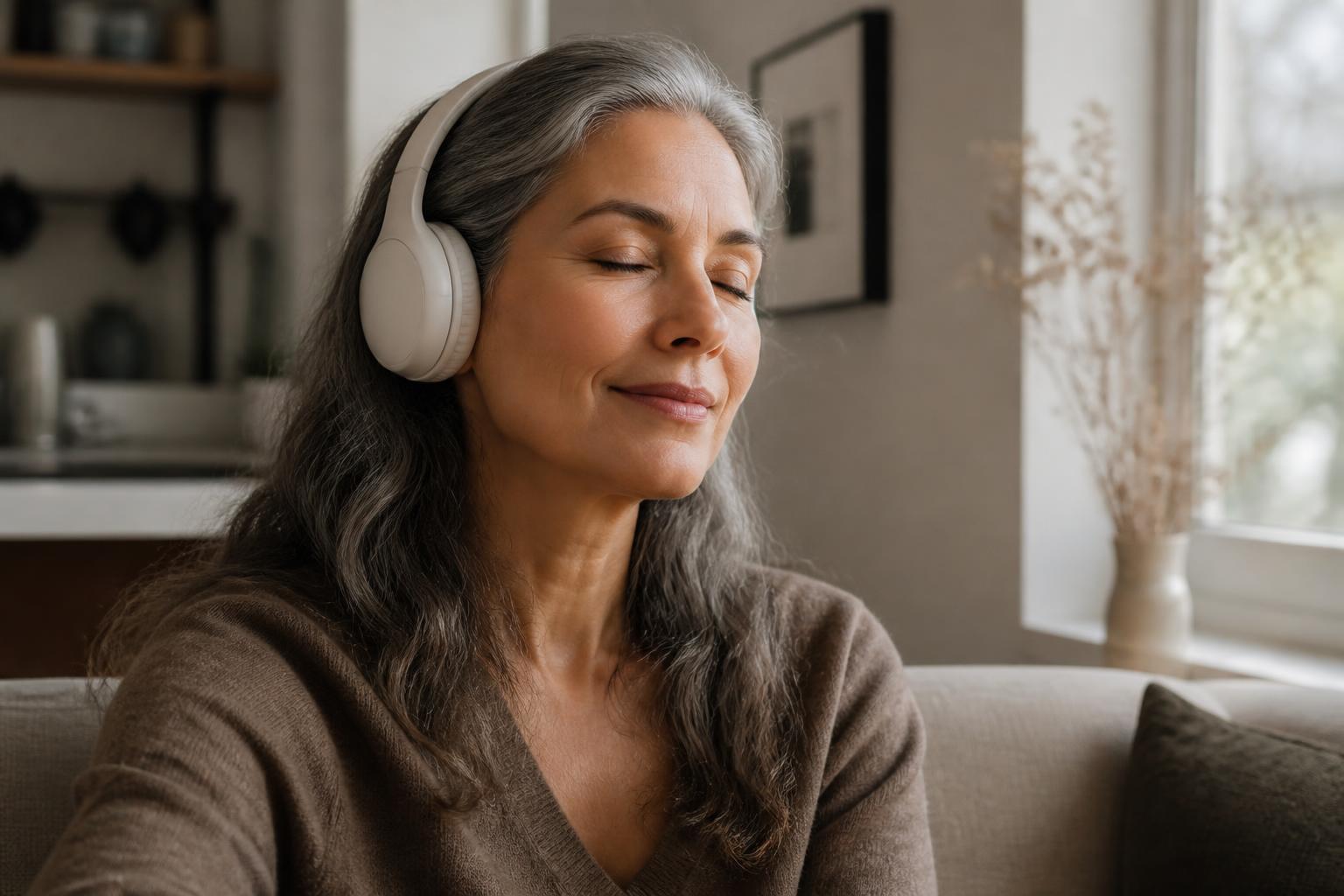 A calm woman wearing wireless headphones, eyes closed, listening to an audio program at home.