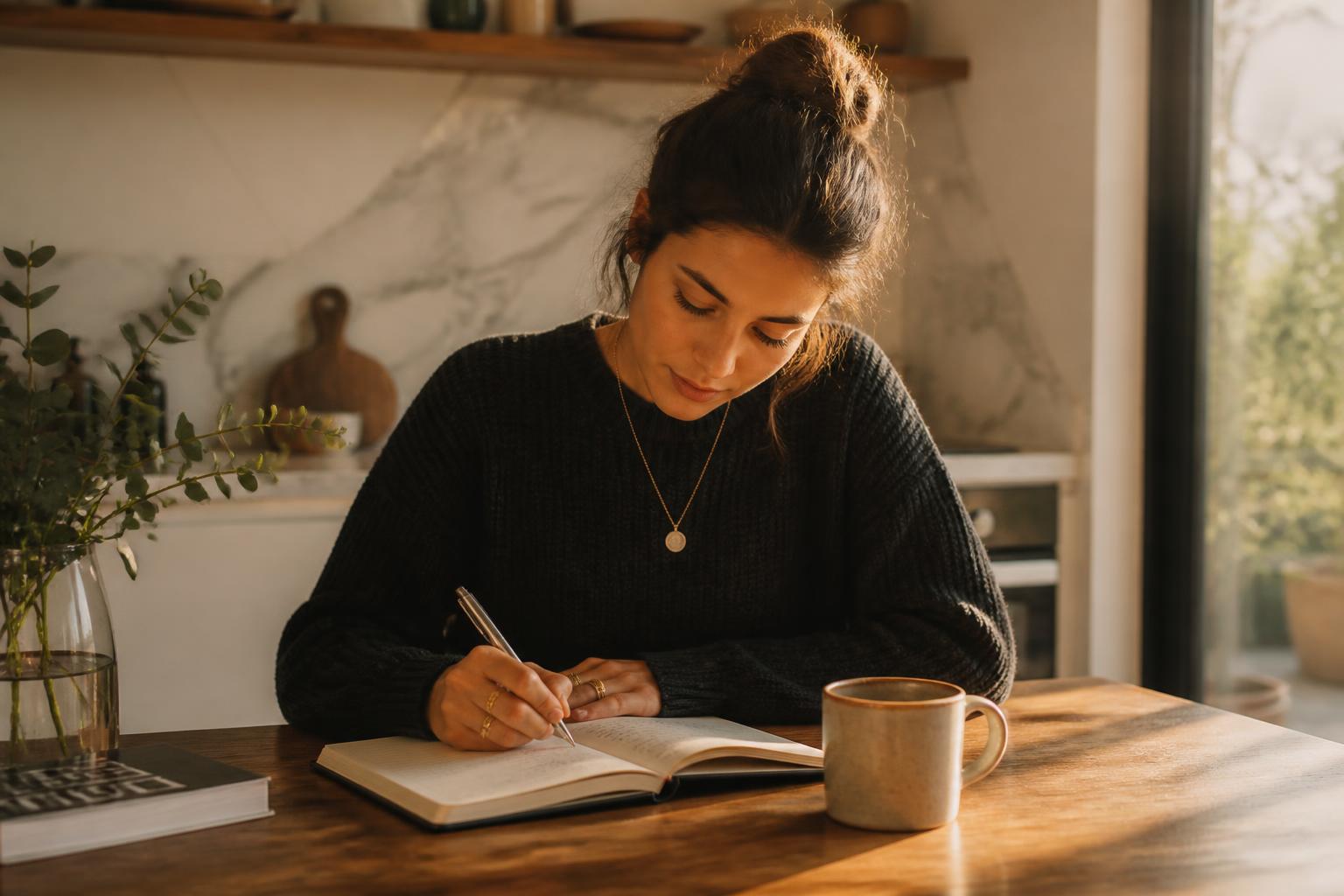 Person writing in a notebook with a coffee in a sunlit kitchen.